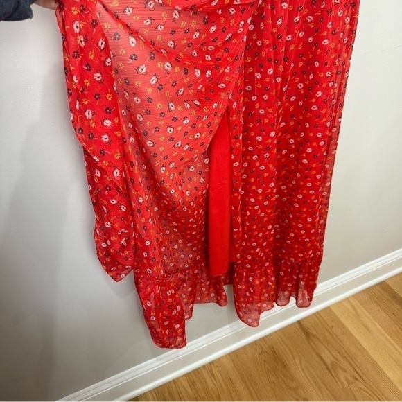 Madewell Ruffle Strap Wrap Dress Metallic Stripes Prairie Posies Red Floral - Picture 6 of 11